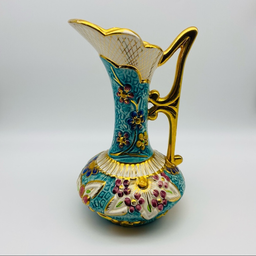 Antique Anemone Hand Painted BH Porcelain Pitcher Ewer 
Made In Belgium